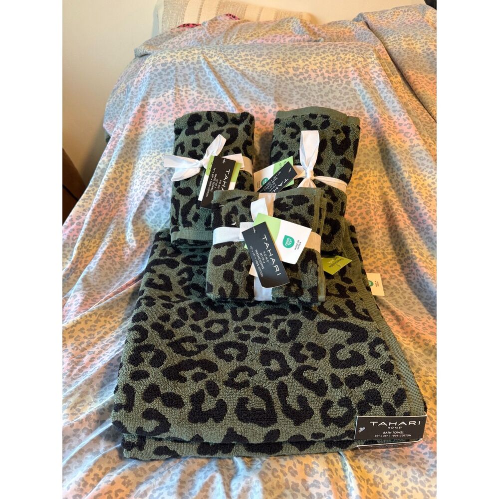 Tahari Home 10-Piece Leopard Print Towel Set reversable Green 100% Cotton New